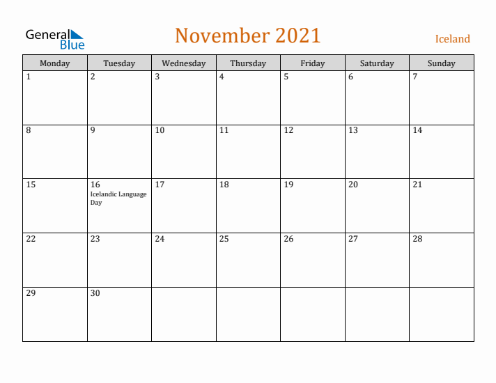 November 2021 Holiday Calendar with Monday Start