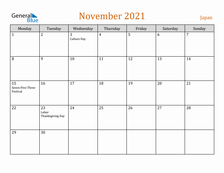 November 2021 Holiday Calendar with Monday Start