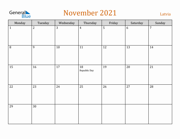 November 2021 Holiday Calendar with Monday Start