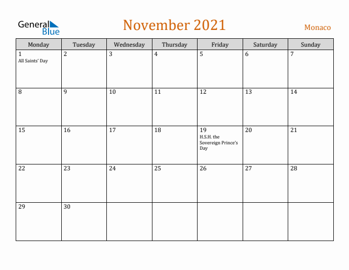 November 2021 Holiday Calendar with Monday Start