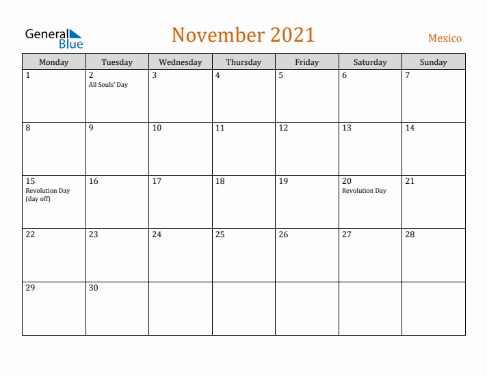 November 2021 Holiday Calendar with Monday Start