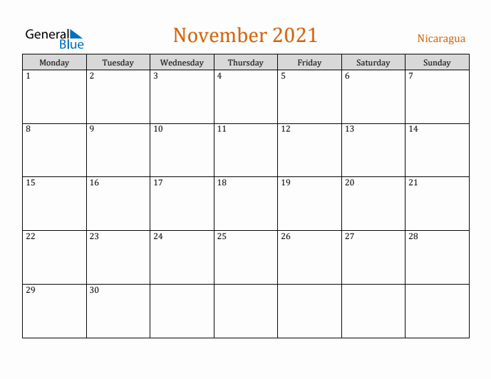 November 2021 Holiday Calendar with Monday Start