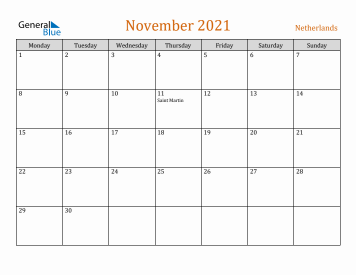 November 2021 Holiday Calendar with Monday Start