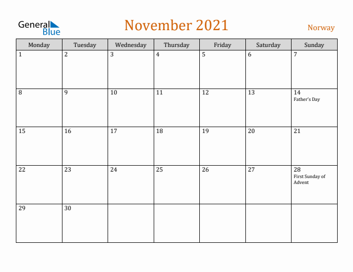 November 2021 Holiday Calendar with Monday Start