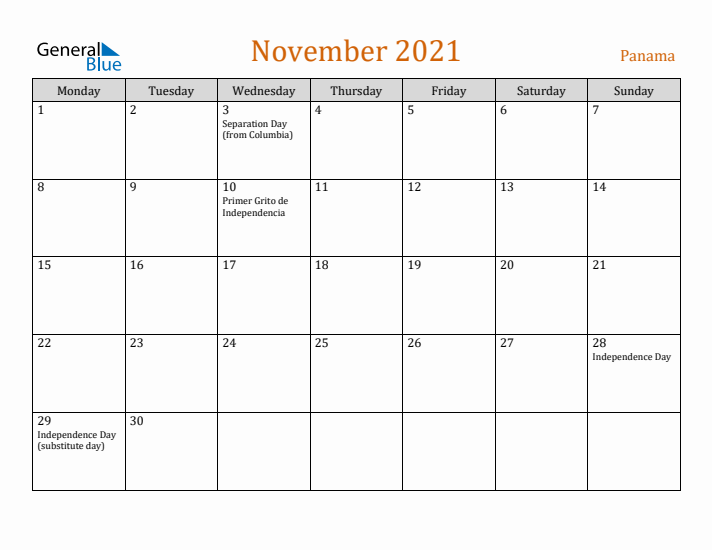 November 2021 Holiday Calendar with Monday Start