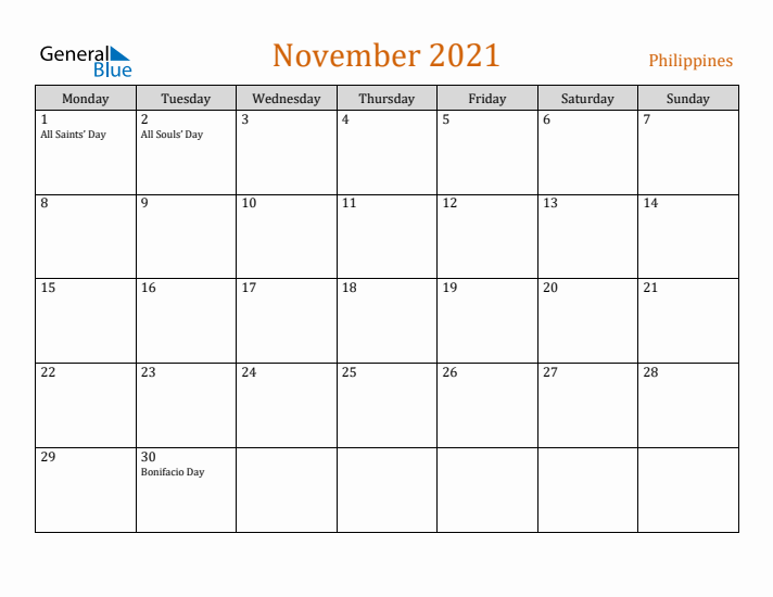 November 2021 Holiday Calendar with Monday Start