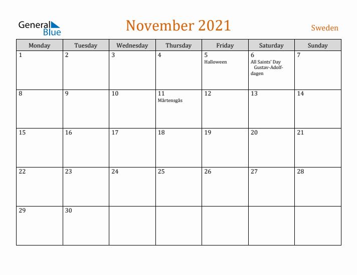 November 2021 Holiday Calendar with Monday Start