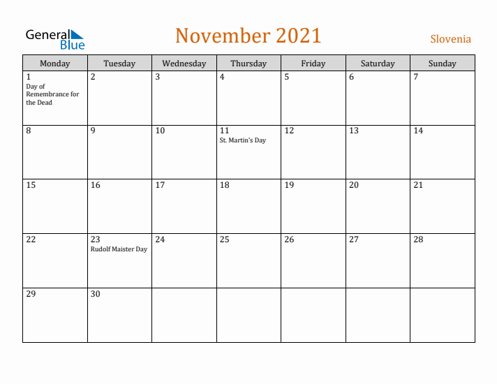 November 2021 Holiday Calendar with Monday Start