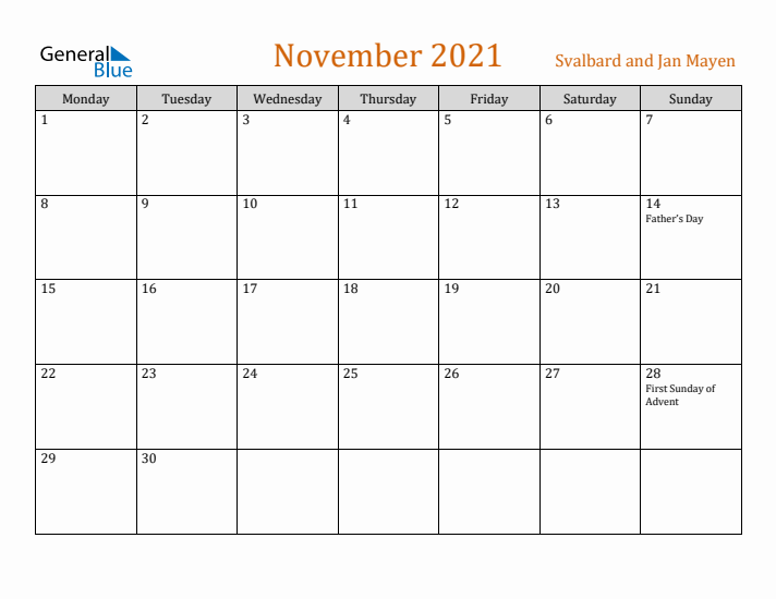 November 2021 Holiday Calendar with Monday Start