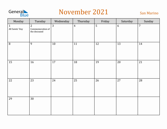 November 2021 Holiday Calendar with Monday Start