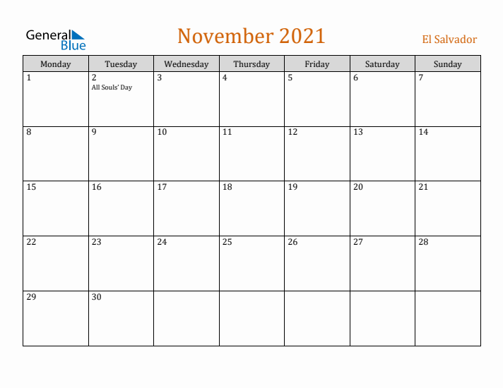 November 2021 Holiday Calendar with Monday Start