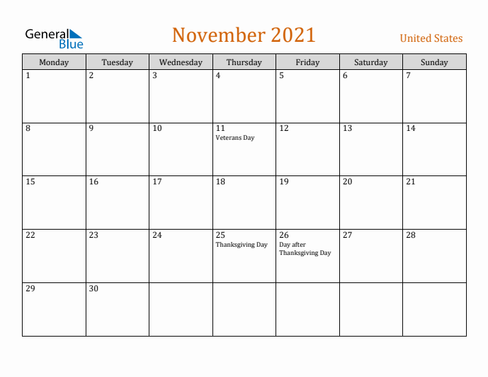 November 2021 Holiday Calendar with Monday Start