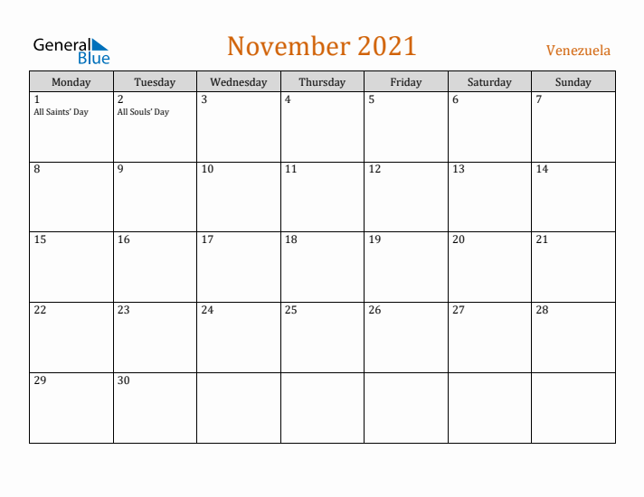 November 2021 Holiday Calendar with Monday Start