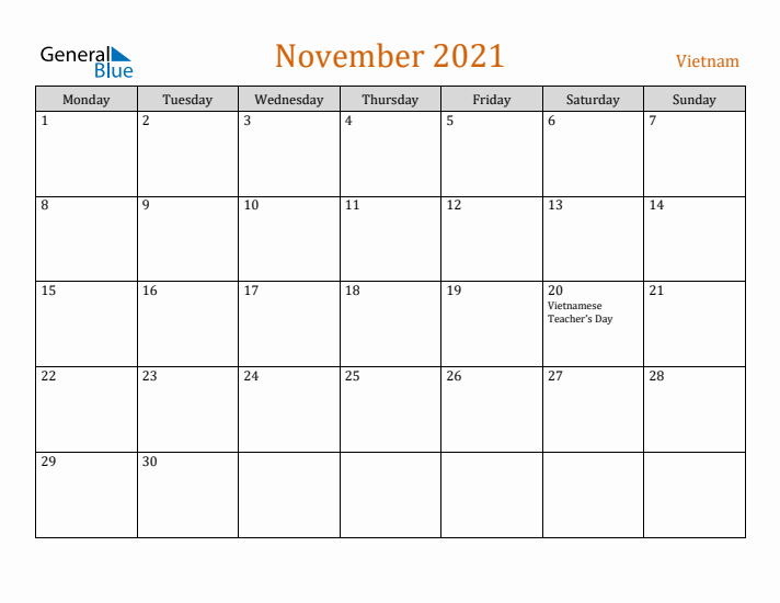 November 2021 Holiday Calendar with Monday Start