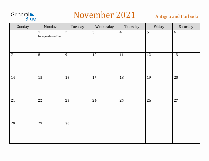 November 2021 Holiday Calendar with Sunday Start