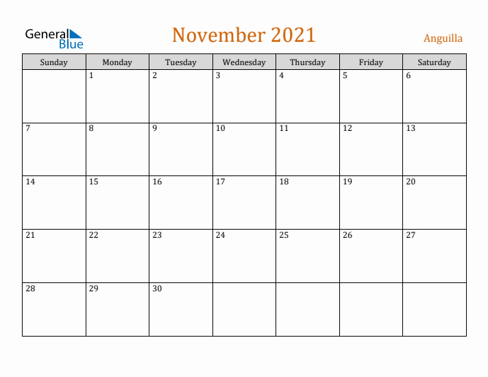 November 2021 Holiday Calendar with Sunday Start