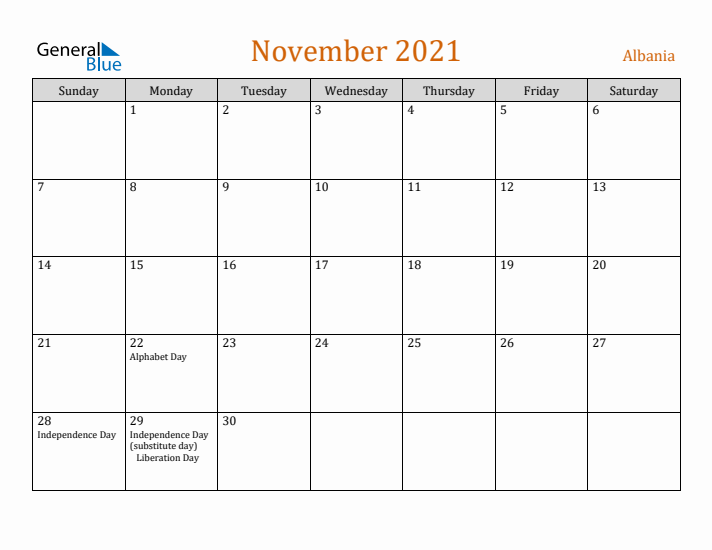 November 2021 Holiday Calendar with Sunday Start