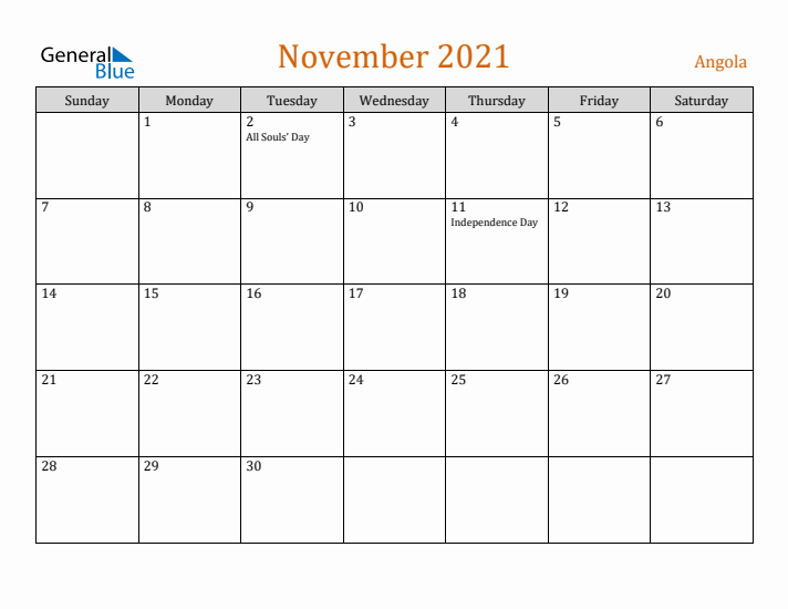 November 2021 Holiday Calendar with Sunday Start