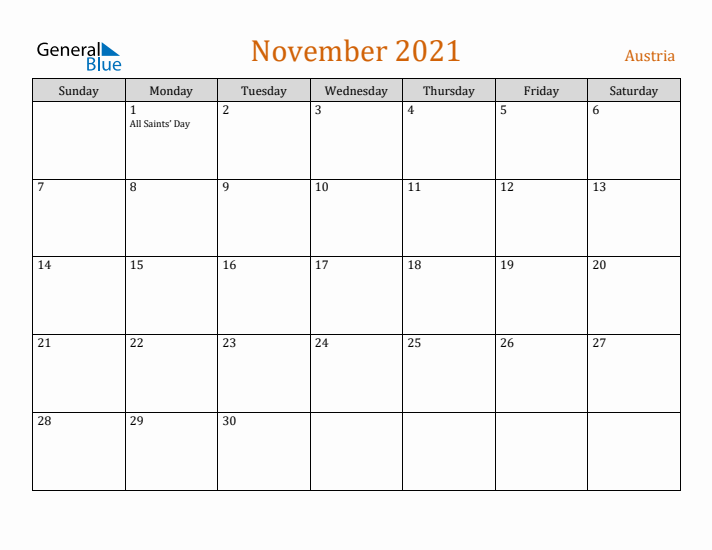 November 2021 Holiday Calendar with Sunday Start