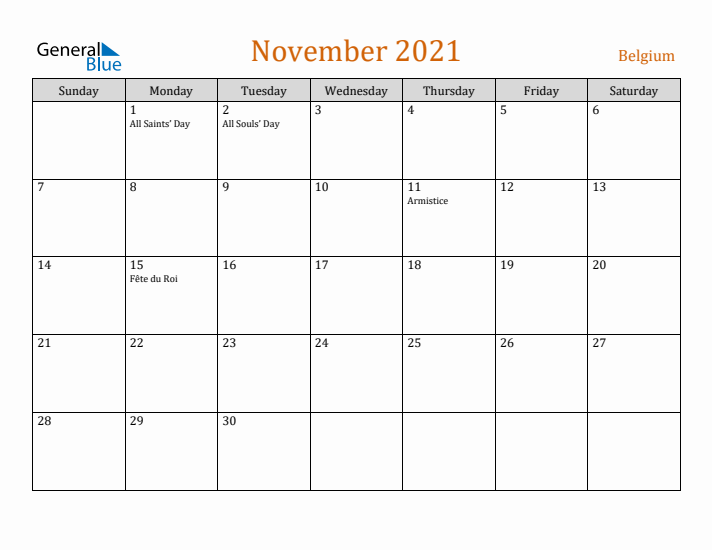 November 2021 Holiday Calendar with Sunday Start