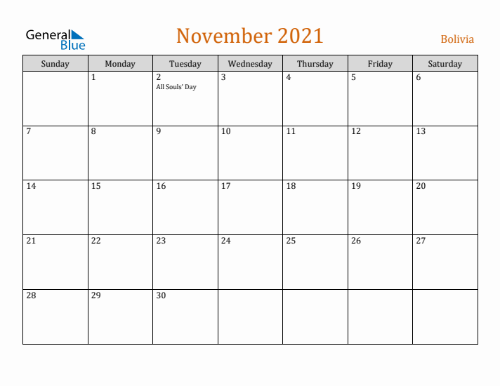 November 2021 Holiday Calendar with Sunday Start