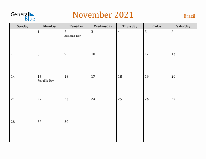 November 2021 Holiday Calendar with Sunday Start