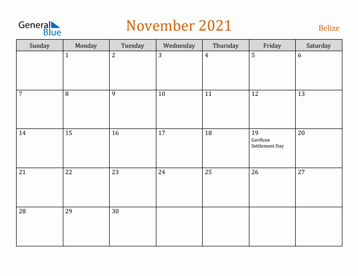 November 2021 Holiday Calendar with Sunday Start