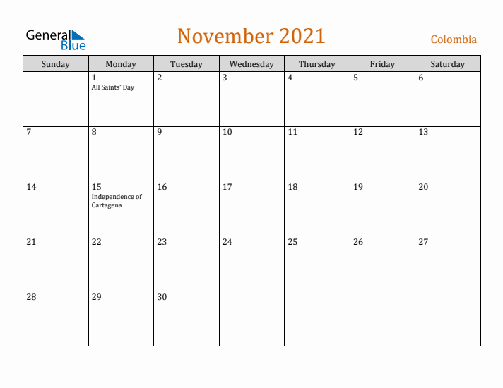 November 2021 Holiday Calendar with Sunday Start