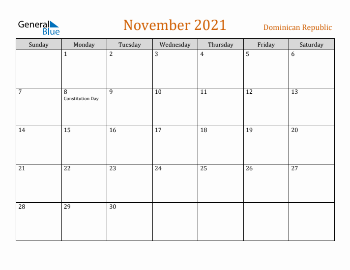 November 2021 Holiday Calendar with Sunday Start