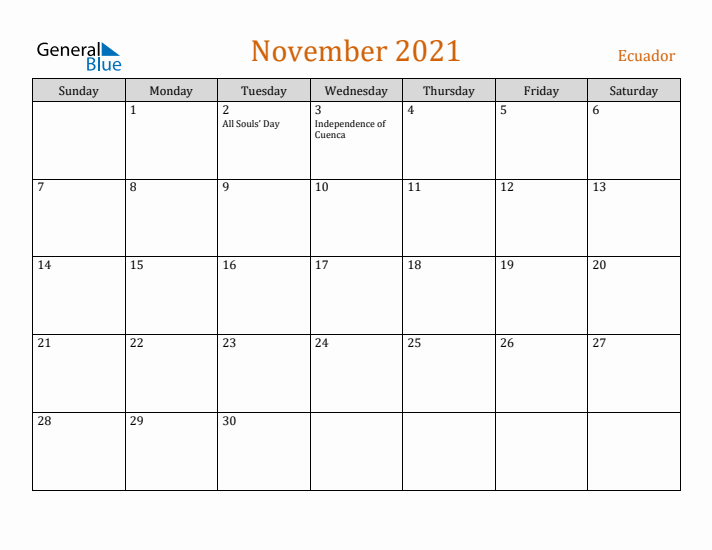 November 2021 Holiday Calendar with Sunday Start