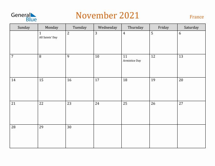 November 2021 Holiday Calendar with Sunday Start