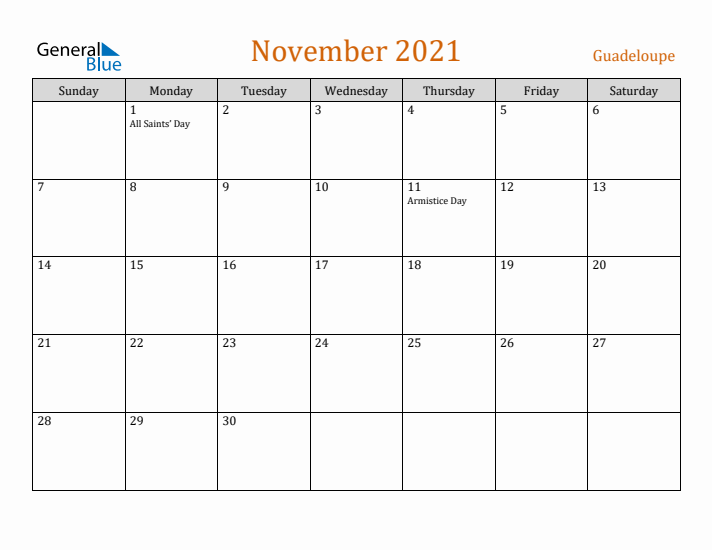 November 2021 Holiday Calendar with Sunday Start