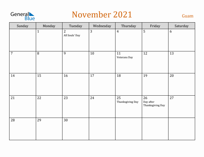 November 2021 Holiday Calendar with Sunday Start