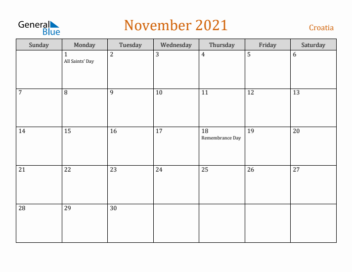 November 2021 Holiday Calendar with Sunday Start