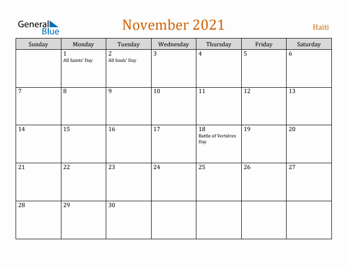 November 2021 Holiday Calendar with Sunday Start