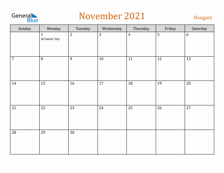 November 2021 Holiday Calendar with Sunday Start