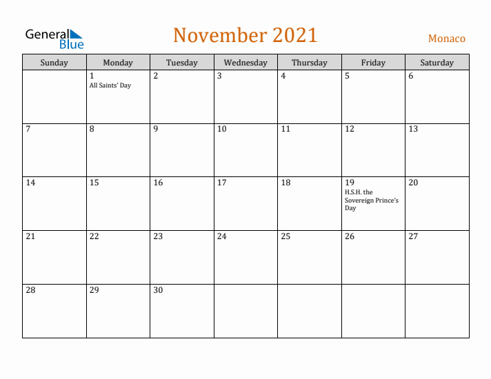 November 2021 Holiday Calendar with Sunday Start