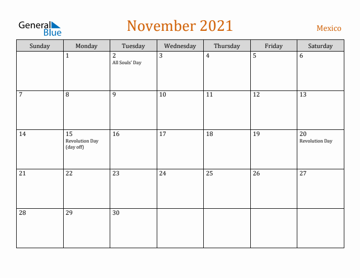 November 2021 Holiday Calendar with Sunday Start