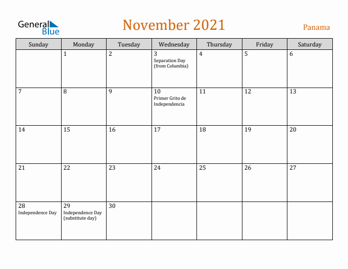 November 2021 Holiday Calendar with Sunday Start