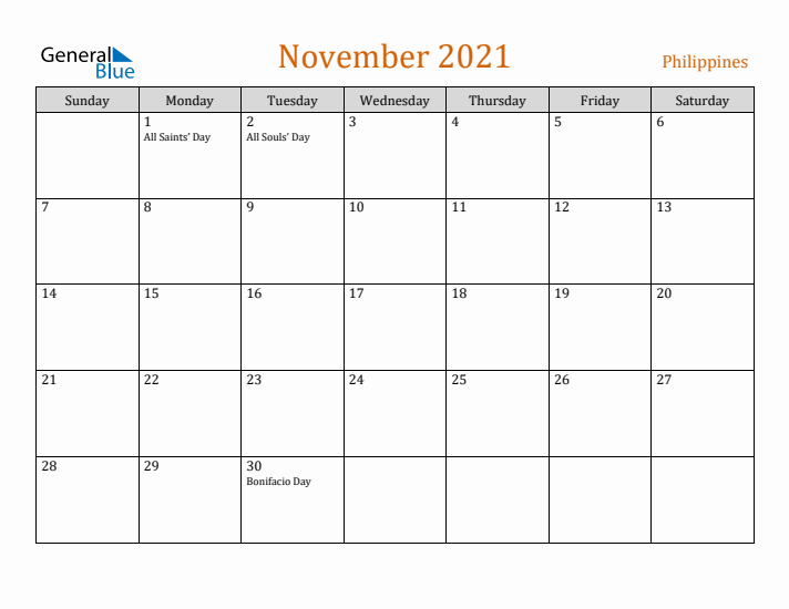 November 2021 Holiday Calendar with Sunday Start