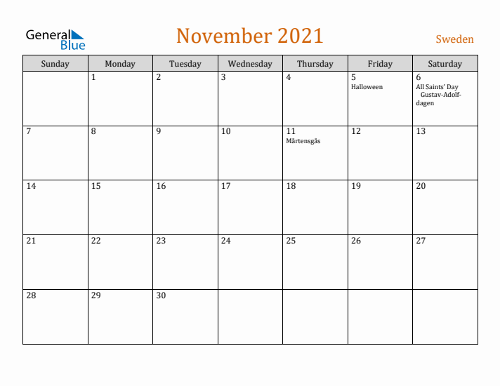 November 2021 Holiday Calendar with Sunday Start