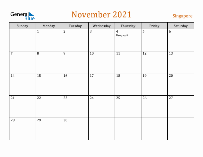 November 2021 Holiday Calendar with Sunday Start