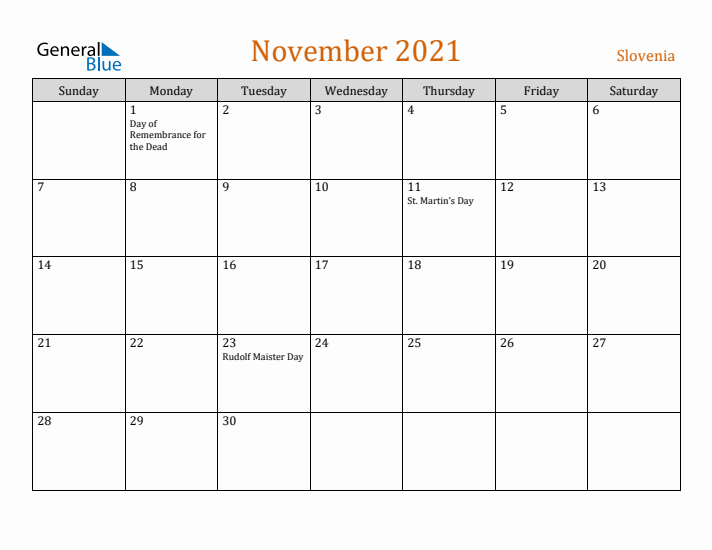 November 2021 Holiday Calendar with Sunday Start