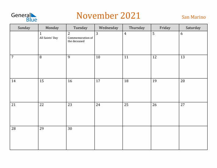 November 2021 Holiday Calendar with Sunday Start