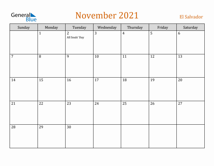 November 2021 Holiday Calendar with Sunday Start