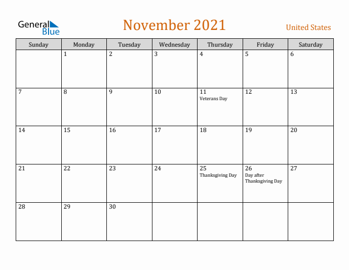 November 2021 Holiday Calendar with Sunday Start