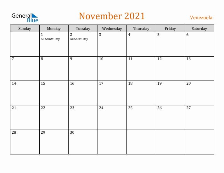 November 2021 Holiday Calendar with Sunday Start