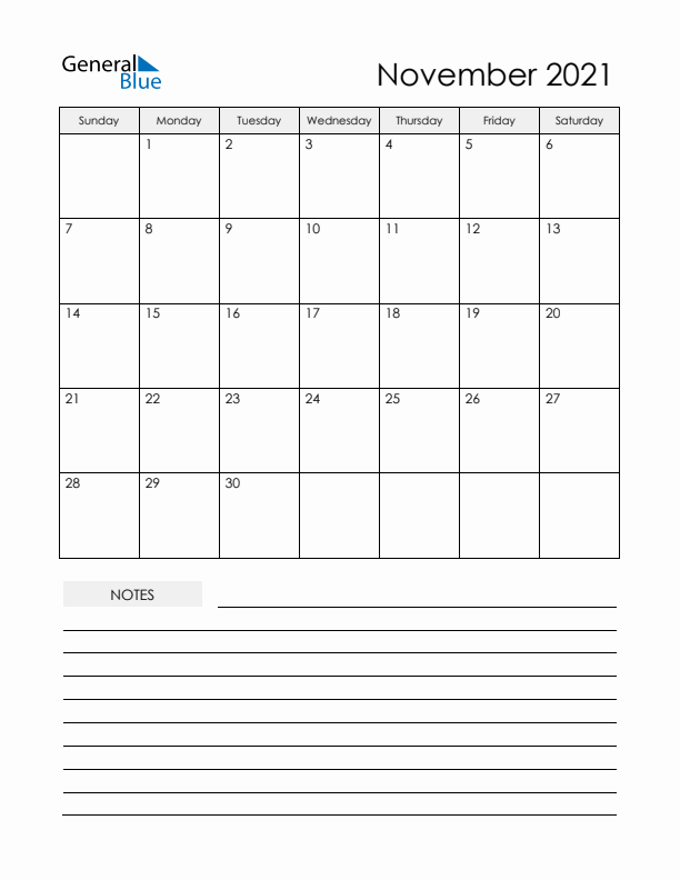 Printable Calendar with Notes - November 2021 