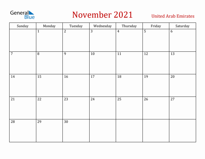 United Arab Emirates November 2021 Calendar - Sunday Start