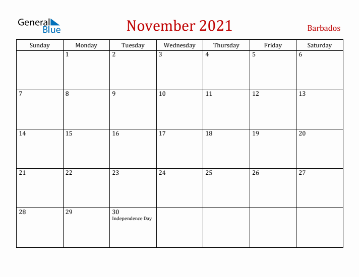 Barbados November 2021 Calendar - Sunday Start